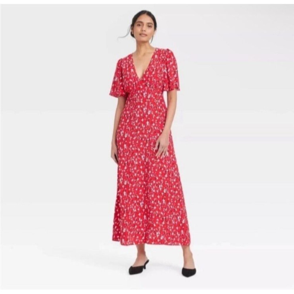 NWOT A New Day Floral Flutter Sleeve Midi Dress Red- Size 10